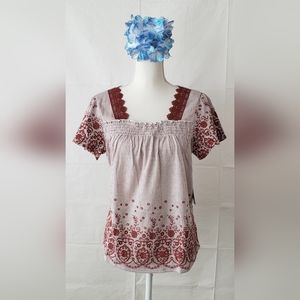 ABSOLUTELY FAMOUS Embroidered Smocked Peplum Top